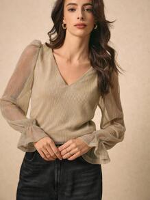 Poéselle 荷叶边袖闪光上衣派对单品 - 杏色 - 查看 4