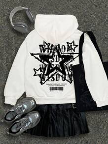 SHEIN Leap Crew Sudadera holgada con capucha de manga larga y ajuste suelto, estampado de estrella retro, para adolescentes y mujeres, estilo minimalista casual, parte trasera - Blanco - Ver 3