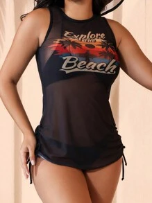 SHEIN Swim Women's Tropical Print Drawstring Side Mesh Cover-Up, For Summer Vacation - Black - View 3
