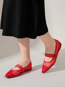 CUCCOO CHICEST Red Polka Dot Mesh Ladies Pointed Toe Flat Shoes Valentine's Day - Red - View 3