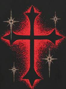 ROMWE MEN Street Life 男式宽松落肩短款图案 T 恤 - 黑色 - 查看 3