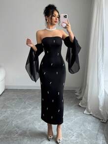 Rafferiza 女士优雅露肩仿珍珠串珠黑色性感紧身可爱派对舞会抹胸雪纺透明喇叭袖 2025 新款长裙 - 黑色 - 查看 6