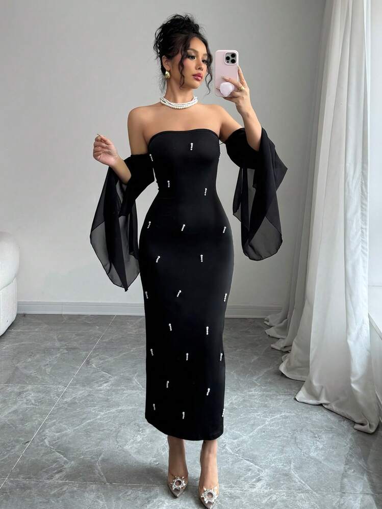 Rafferiza فستان أنثوي أنيق بياقة مكشوفة الكتفين، مطرز بخرز اللؤلؤ الاصطناعي ذو تصميم ضيق وجذاب، بأكمام بيل شفافة من الشيفون لحفلات الاستقبال 2025 جديد - الأسود - مشاهدة 6