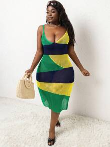 SHEIN Slayr CURVE Plus Size Multicolor Carnival Elements Contrast Color Sleeveless Long Knit Cover Up Dress, For Summer Beach Vacation - Multicolor - View 5