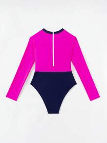 Swim SPRTY Dames strandoutfits blauw en roze patchwork uitgehold kruis voorkant rits lange mouwen casual surftop