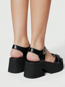 ROMWE Grunge Punk Punk Rock Style Women Platform Roman Sandals, Round Toe Multi-Strap Design, Black PU Material, Suitable For Graduation Photos, Profession Spring Shoes Spring Break Easter