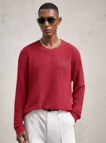 AKNOTIC Business Casual Men's Relaxed Fit Crewneck Drop Shoulder Long Sleeve Casual T-Shirt, Suitable For Autumn/Winter, Everyday Wear, Letter Graphic With Flocking, Green Contrast - Red - View 7