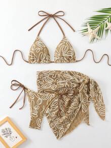 SHEIN Swim 3 件套女士沙滩装，包括纹理优雅露背无袖花卉装饰休闲度假细肩带泳装，适合夏季海滩度假 - 彩色 - 查看 6