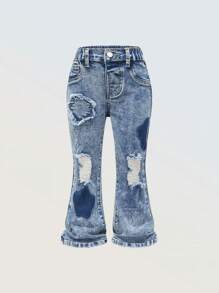Girls Floral Patchwork Flare Jeans - Medium Wash