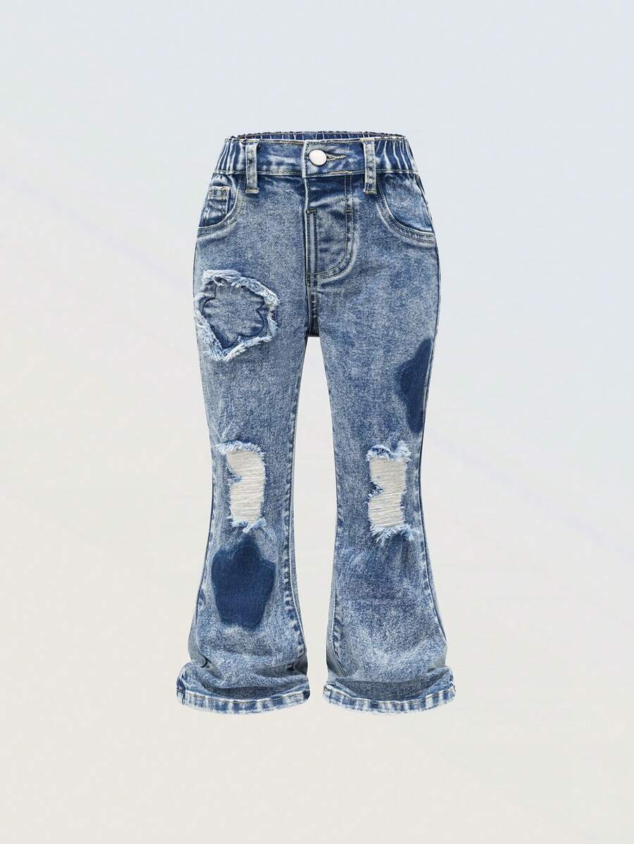 Girls Floral Patchwork Flare Jeans - Medium Wash