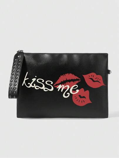 Grunge Punk 1 pieza Bolso de embrague de PU negro con decoración de remache en forma de labios rojos, neceser de maquillaje, organizador de viaje, adecuado para el Día de San Valentín