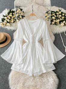 SHEIN LUNE Plus Size Women's Textured Sheer Panel Lace Trim Elegant Romper For Vacation - White - View 1