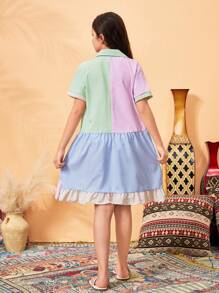 Đầm sơ mi phối sọc màu sắc cho bé gái tuổi teen, trang phục thường ngày đi làm. - Nhiều màu - Xem 2