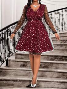 SHEIN Lady Autumn And Winter Elegant Party Wedding Valentine's Day New Year Party Valentine's Day Cocktail Party Concert/Music Festival Deep Red Overlap Collar Flared Contrast Mesh Midi Long Sleeve Plus Size Dresses Valentine's Day New Year Party Elegant Women Dresses Classy Outfits Elegant Dress Wedding New Year Eve Dress New Years Women Outfit Holiday Clothes Holiday Party Dress Red Dress Valentine's Day - Burgundy - View 3