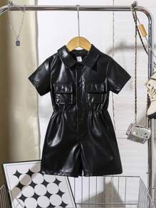 SHEIN Barboteuse en PU noir unicolore pour filles et enfants, nouvelle mode d'été avec cordon de serrage à la taille, manches courtes, col polo, style et vintage - Noir - Voir 1