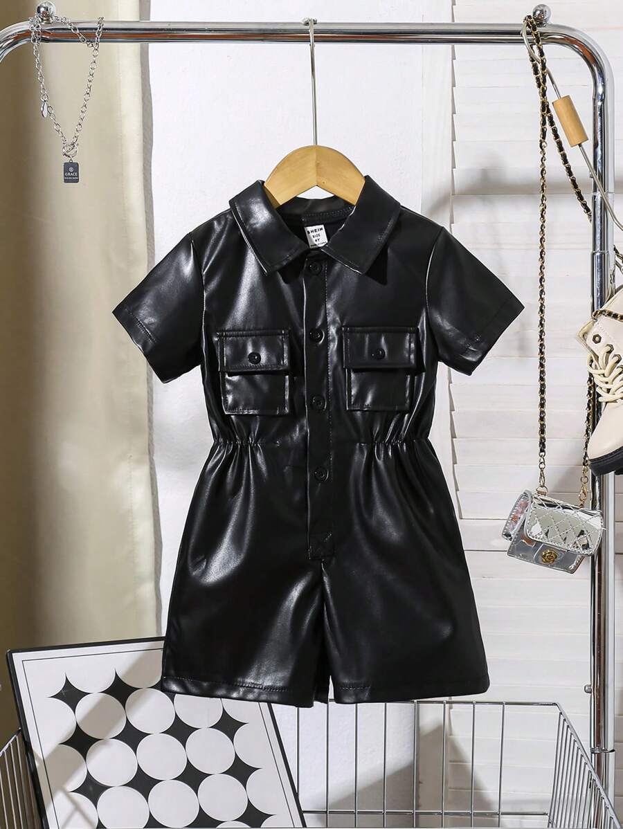 SHEIN Barboteuse en PU noir unicolore pour filles et enfants, nouvelle mode d'été avec cordon de serrage à la taille, manches courtes, col polo, style et vintage - Noir - Voir 1