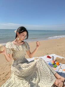 DAZY 1 Set Women Dot Pattern Off-Shoulder Ruffle Top & Skirt Two-Piece Outfit - Beige - View 3