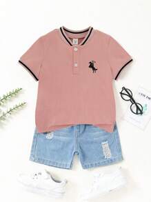 SHEIN Áo thun polo cổ đứng tay ngắn thêu cổ bẻ khóa nửa thân dành cho sinh viên thể thao thường ngày, thoải mái và đa năng khi đi chơi, đi học, tụ tập, ở nhà, thích hợp cho mùa xuân, mùa hè, đi chơi xa, ngày lễ, du lịch, thư giãn, tắm nắng - Hồng - Xem 4
