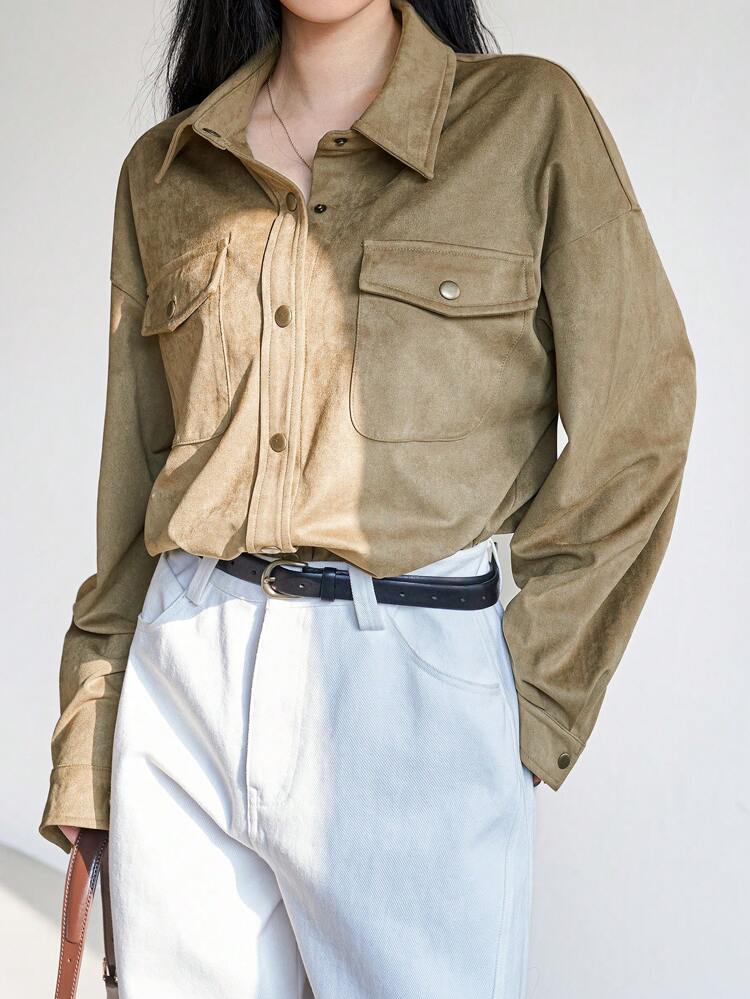 Women's Suede Loose Minimalist Big Pocket Casual Shirt,Fall Clothes Long Sleeve Top