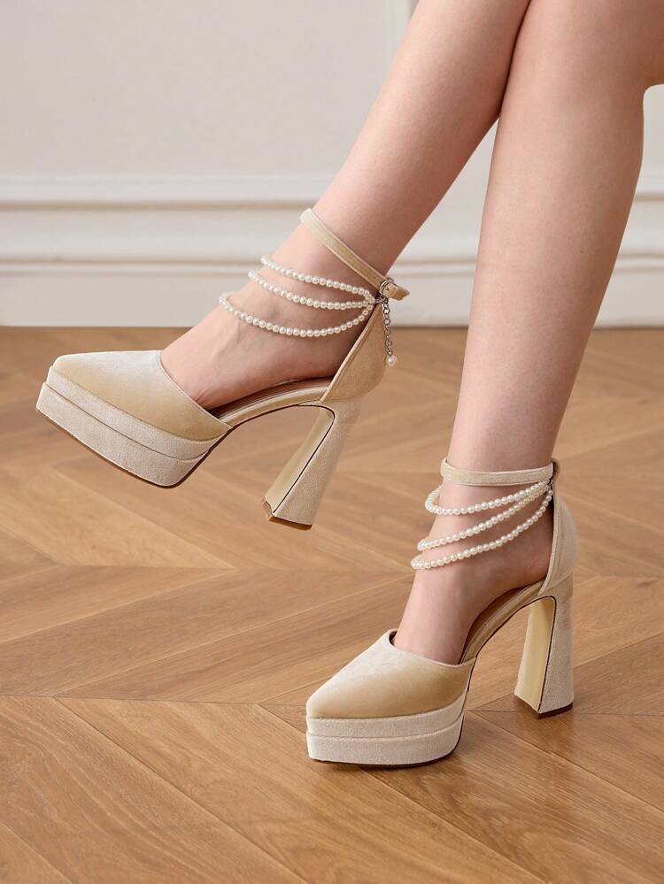 CUCCOO HITCHD 女性用 高級パール装飾 スクエアトウ チャンキーヒール ハイプラットフォーム エレガントスエード フォーマルシューズ、シャンパンカラー、ウェディングパーティー、プロム、イブニングのためのファッションハイヒール