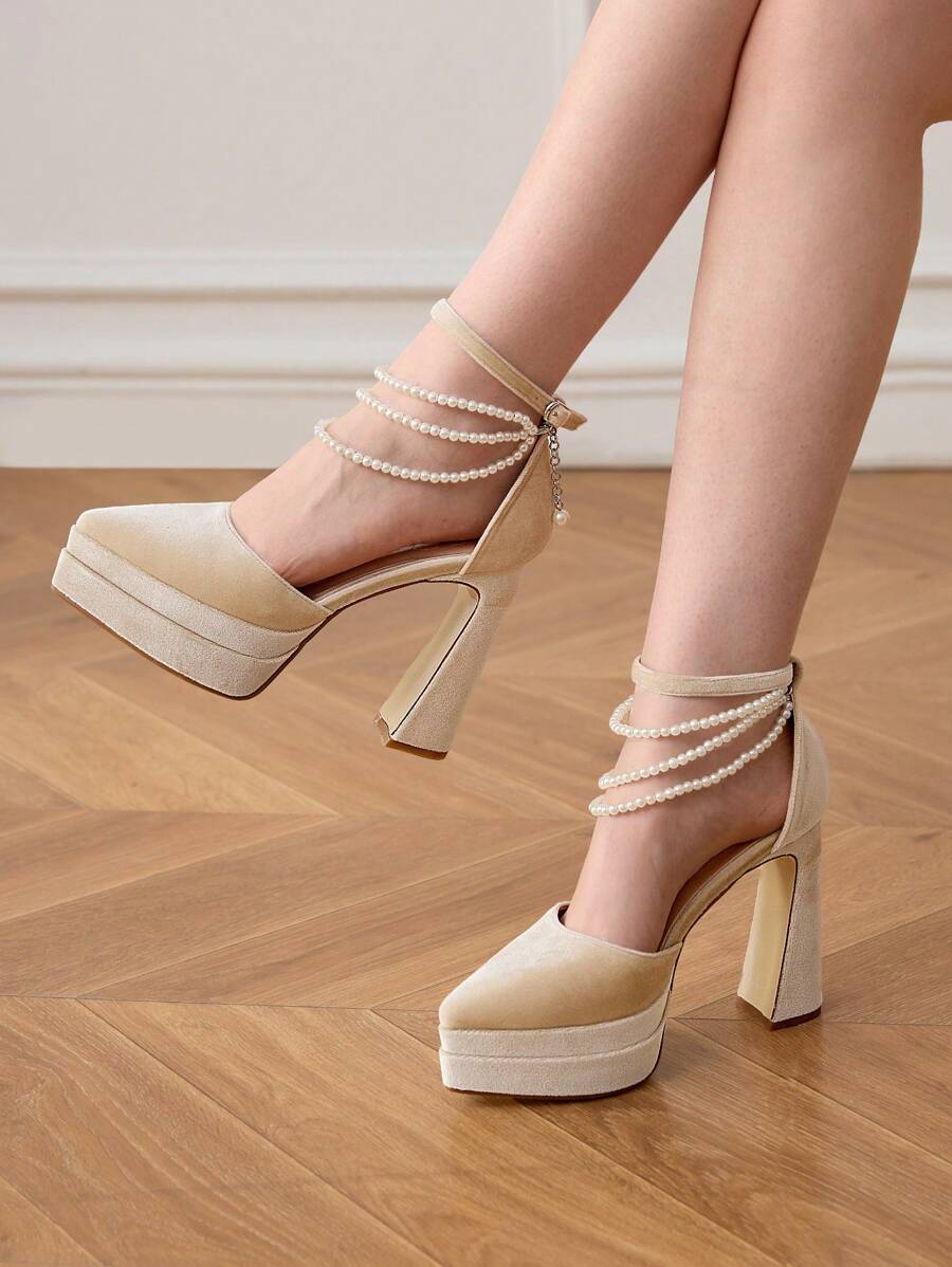 CUCCOO HITCHD Women's Luxury Pearly Chain Decor Square Toe Chunky Heel High Platform Elegant Suede Dress Shoes, Champagne Color, Fashion High Heels For Wedding Party, Prom, Evening