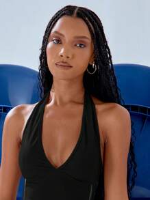 MUSERA Piping Halterneck Top Casual Airport Holiday Festival Back To School Fall Autumn ,Elegant - Black - View 4