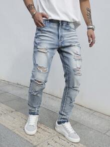 Manfinity LEGND Men's Button Front Pocket Ripped Casual Denim Jeans - Blue - View 4