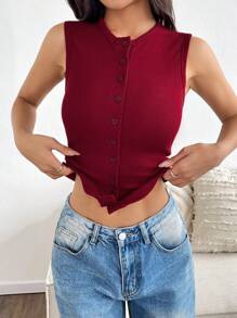 Flirla Wine Red Rib-Knit Open Front Button Sleeveless Cropped Camisole Top, Fashionable Minimalist Sweet Design, Super Stretchy & Soft, For Women Spring/Autumn