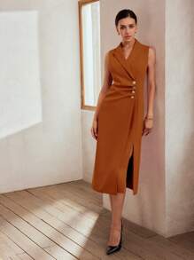 MOTF PREMIUM WOMEN SLEEVELESS WOVEN METAL BUTTON DRESS - Brown - View 5