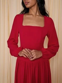 COSMINA Vestido de manga larga con fruncido, rojo, estilo elegante de vacaciones para mujeres, primavera/verano