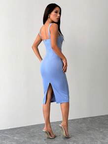 SHEIN PETITE 开叉后背紧身蓝色修身胸罩杯中长连衣裙 - 藍色 - 查看 2
