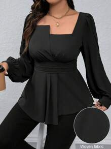 Rometta Blus Kasual Ukuran Besar dengan Bahu Asimetris, Lengan Raglan, Ikat Pinggang, dan Hem Bentuk Lentera untuk Wanita, Pakaian Musim Gugur - Hitam - View 6