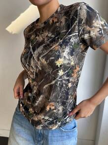 DAZY Women's Crew Neck Short Sleeve Printed Casual Blouse, Daily Wear