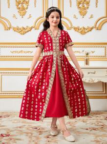 Tween Girls Gold Foil Floral Full-Printed Splice Gold Line Ribbon Trim Dress - Red - View 1