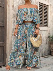 女式加大码花卉露肩短款上衣和阔腿裤套装 - 彩色 - 查看 4