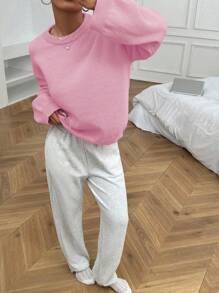 SHEIN Unity Women's Casual Minimalist Solid Color Drop Shoulder Loose Knit Sweater - Pink - View 3