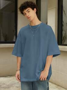 Manfinity Hypemode Loose Fit Men's Solid Color Round Neck Drop Shoulder T-Shirt - Dusty Blue - View 4