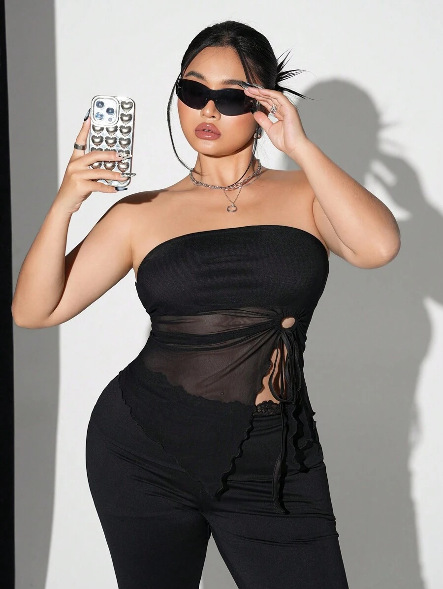 SHEIN ICON Top tipo tubo de malla con dobladillo asimétrico, cordón lateral y ribete de lechuga para talla grande en verano - Negro - Ver 1