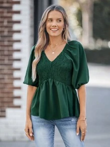 Wildy Women's Jade Green V-Neck Patchwork Hem Casual Shirt