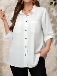 EMERY ROSE 大码女式纯色卷袖单排扣休闲衬衫 - 白色 - 查看 5