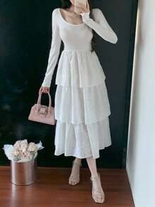 DAZY Lace Jacquard Flared Midi Dress For Women, Slim Fit,Ruffle,Fall Dress Long Sleeve Dress - White - View 3