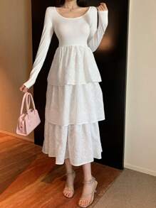 DAZY Lace Jacquard Flared Midi Dress For Women, Slim Fit,Ruffle,Fall Dress Long Sleeve Dress - White - View 6
