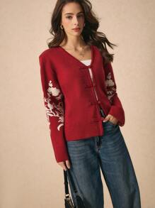 Poéselle Women's Floral Print Red Cardigan, Sweater Fall Winter Women Sweaters Fall Long Sleeve Cardigan Vintage Disc Button Cardigan Autumn 2024 AW