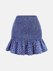 SHEIN Girlism Teen Girls Casual Blue Ditsy Floral Off Shoulder Ruffle Bow Decor Cropped Top And Ruffle Hem Skirt 2 Pieces Outfit Set, Spring/Summer, Vacation - Blue - View 5