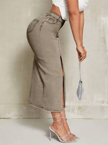 SHEIN SXY Women's Casual Button Front Pocket Slit Denim Midi Skirt
