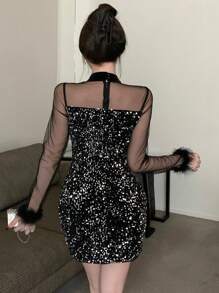 DAZY 宴会网纱拼接亮片性感修身迷你连衣裙，适合女士参加舞会、派对、秋季返校节等场合，长袖奢华连衣裙，新年优雅嘉年华女士礼服 - 黑色 - 查看 5