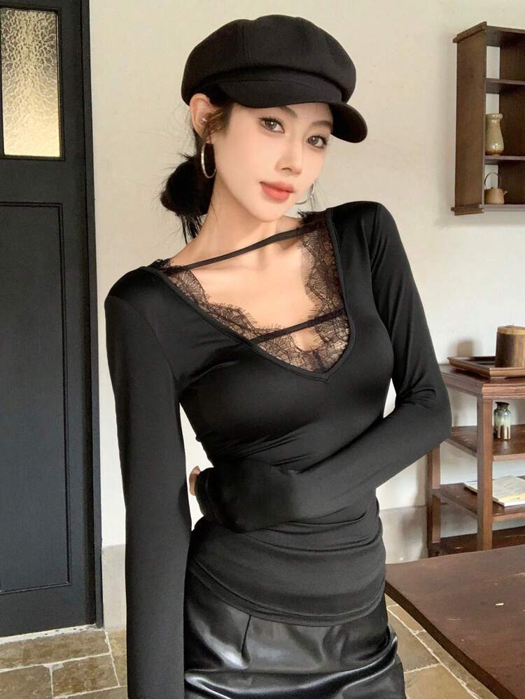 Women's Sexy V-Neck Lace Patchwork Backless Drawstring Long Sleeve T-Shirt,Fall Women Clothes