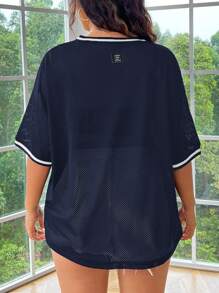 SHEIN EZwear Plus Size Solid Color Patchwork Short Sleeve Letter Print Casual Summer T-Shirt - Navy Blue - View 2