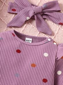 SHEIN Enterizo de punto cómodo con mangas acampanadas y estampado de lunares de colores para bebé recién nacido - Morado - View 6