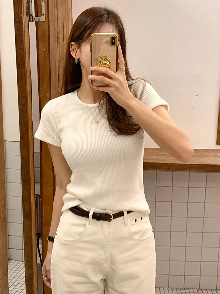 Women Solid Color Round Neck Ribbed Fitted Short Sleeve T-Shirt, Apricot, Spring/Summer,Business Casual Women,Crop Tops Women